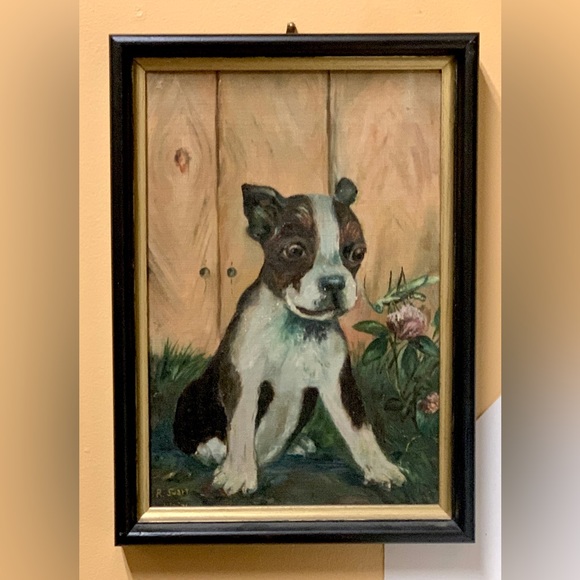 1931 Vintage Artist Signed Framed Oil Paint on Canvas Potrait of Boston Terrier - Picture 1 of 16